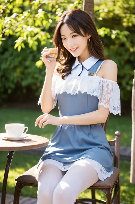 (8k, best qualtiy, Mastering：1.2), (realisticlying, photo-realistic：1.37), ultra-detail, 1 girl in, Skinny Japanese woman, looking at viewer, Black stockings, adolable, Beautiful detailed sky, Meticulous café, Sit at the table for afternoon tea, full bodye...