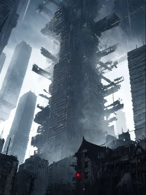 anime style destroyed city landscape, an elven diagonal tower fell into tokyo, dark embient, covered in a dark mist, cloudy sky with lighting and thunder, 