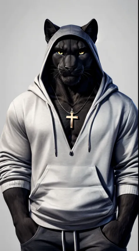 gigachad black panther in a hoodie, with a cross necklace