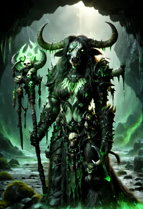 tauren, female tauren death knight, death knight outfit, heavy armor with skulls, heavy armor, dark themed, holding sword in front of her body, war paint on her face, big horns, standing in cave dripping pools of glowing green sludge background high satura...