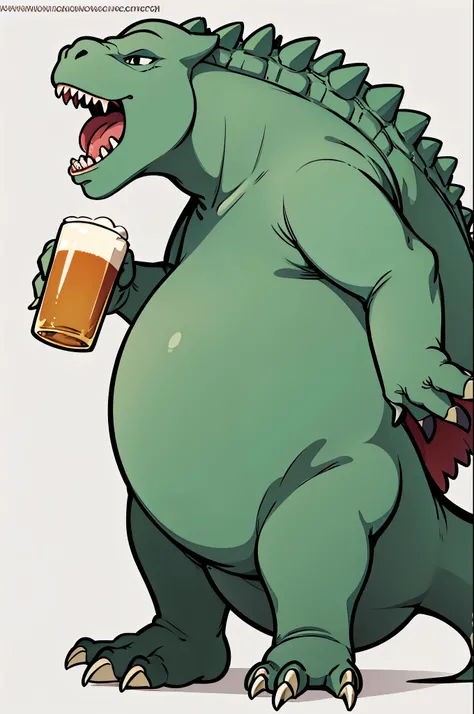 a dinosaur monster with a big belly drinking beer in a white background, character sheet with many poses, masterpiece, high detailed, high quality, simple trace, cartoon vector, monster sprite,  character sprite, white background, side angle, side view, ch...