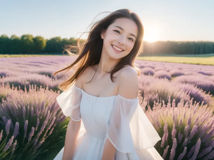 highest quality, masterpiece, ultra high resolution, (realistic:1.4), raw photo, 1 girl, white dress, off shoulder, lavender fie...