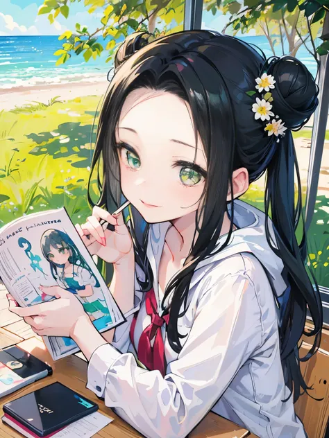 1 girl、Hand-drawn style illustration、Sparkling smile、Long hair in two buns, ((slicked back hairstyle))、Forehead is exposed.、black hair、green eyes、、shiny hair、beautiful skin、One fine day、student、blush、((Midsummer Classroom))、