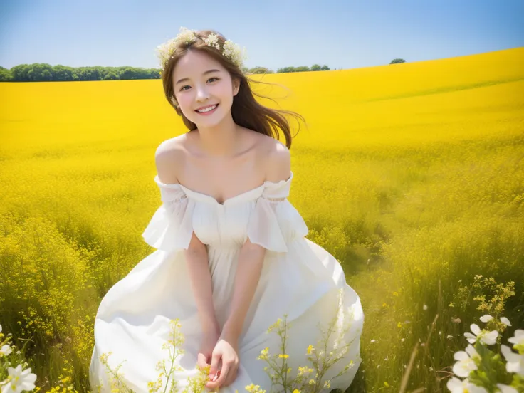 highest quality, masterpiece, ultra high resolution, (realistic:1.4), raw photo, 1 girl, white dress, off shoulder, rape blossom...