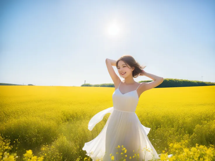 highest quality, masterpiece, ultra high resolution, (realistic:1.4), raw photo, 1 girl, white dress, off shoulder, rape blossom...