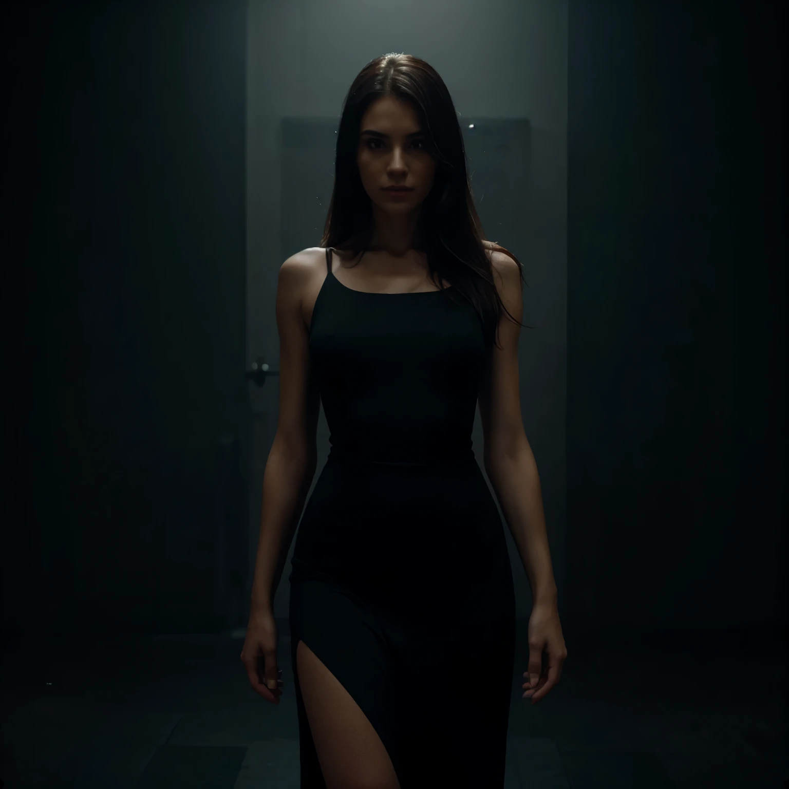 long cool woman in a black dress, detailed, cinematic lighting,