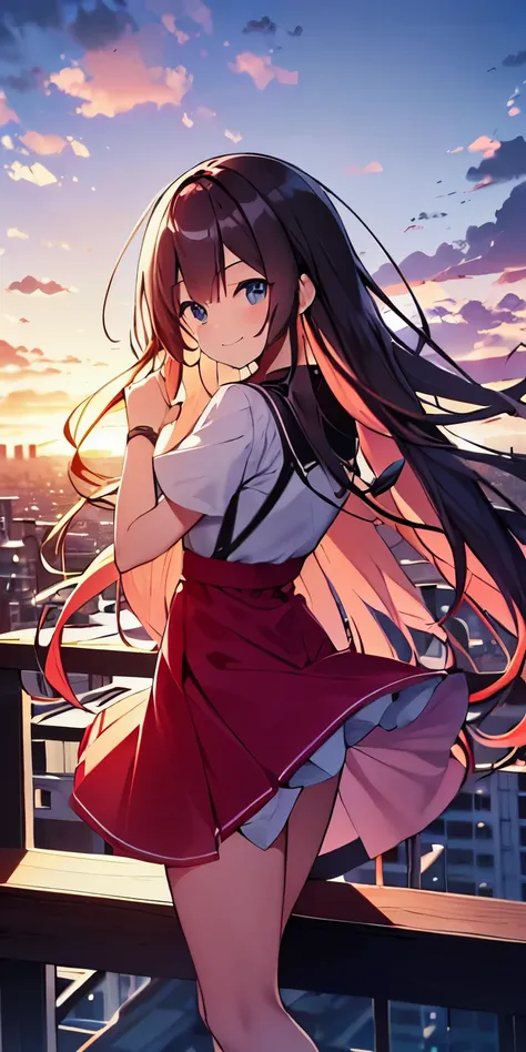 table top, highest quality,figure, wallpaper, ultra detail, absurd,Tips for 16 year old girl with long wavy hair, alone, (long hair、(play the guitar)、Smile、Overlooking the city from the top of the hill、the sunset is beautiful、the wind is strong、(Versatile ...