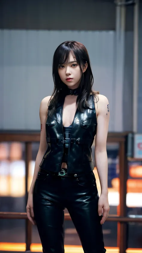 highest quality，masterpiece，Super detailed，8K, UHD，Beautiful woman，japanese woman，Expressionless，(Topless)，whole body，((tattoo))，slim，black leather pants，black leather vest，(female mafia)，gangster，(cyberpunk city)，night，cinematic lightening，movie poster，un...