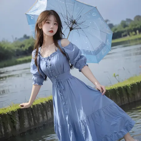 Antique blue dress，Long hair and waist，A sky blue umbrella、Noinno