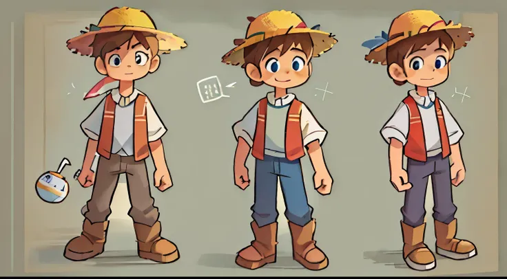 Cute, illustration, cartoon, comic, full body, different angles, childrens book character, in the style of childrens book character, character sheet, ((simple white background)), (10 year old boy Pedro with straight brown hair and short, bright blue eyes, ...