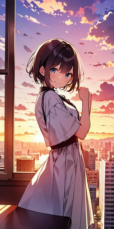 table top, highest quality,figure, wallpaper, ultra detail, absurd, 16 year old girl, alone, (medium short hair、play the guitar、Smile、Overlooking the city from the top of the hill、the sunset is beautiful