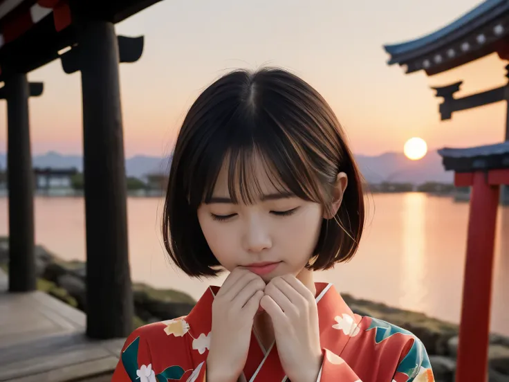 (Close up portrait of short haired woman with blunt bangs wearing beautiful colorful kimono。:1.5)、(A woman prays with her eyes closed and her hands clasped together at a Japanese shrine:1.5)、(blurred background:1.5)、(beautiful winter sunset red sky:1.5)、(p...