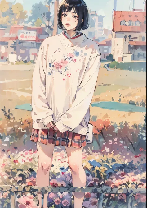 An arafe woman wearing a white sweatshirt and standing in front of a flower field, Designed for a cozy aesthetic!, medium portrait, mid shot portrait, with short hair, Kim Tae Joon, [ realistic pictures ]!!, Detailed image, very very realistic, look at the...