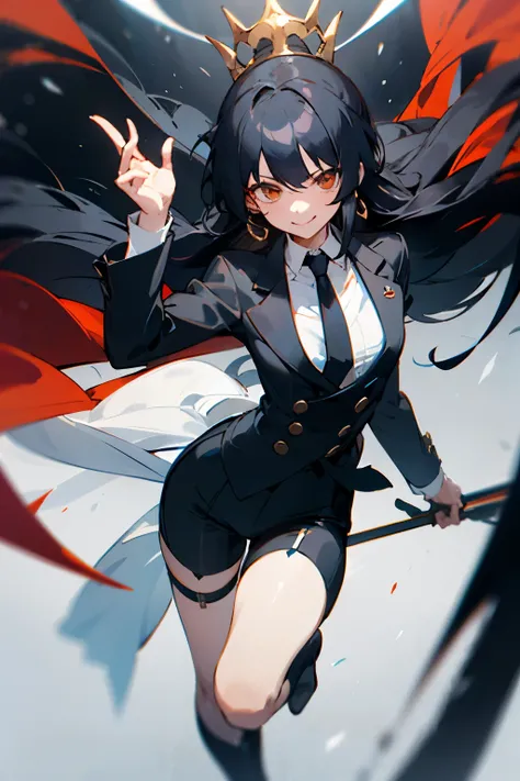 mafia，black suit，black shorts，White tie，boots，black hair，princess cut，long hair that reaches waist，A dangerous smile，Drooping eyes，Marume，White base，naginata，garter ring