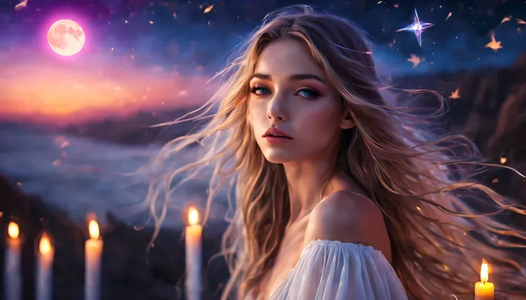 (melhor qualidade,high resolution),lindos olhos detalhados,beautiful detailed lips,long flowing hair,Rosto extremamente detalhado,vestido curto branco,Waves in the wind,bright moon lit by neon,mystical atmosphere,velas tremeluzentes,estrelas cadentes,cores...