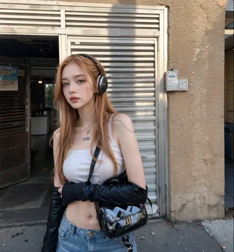 arafed ginger woman with headphones and a purse standing outside of a building, rena nounen style 3/4, she looks like a mix of grimes, anna nikonova aka newmilky, 2 4 year old female model, julia hetta, amouranth, looks like a mix of grimes, in the city, d...