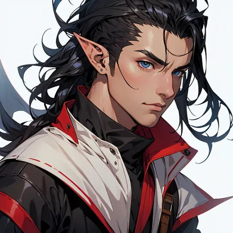 anime, masterpiece, best quality, by professional artist, male, solo, portrait, detailed composition, detailed eyes, white background, undercut black hair, dragon horns, wearing red and black medieval armor, elf ears