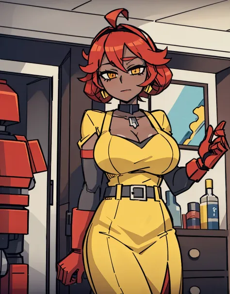 Robot Housewife, saturated colors, milf, red hair, ahoge, dark skin, brown eyes, yellow dress, lipstick, mechanical hands, doll case