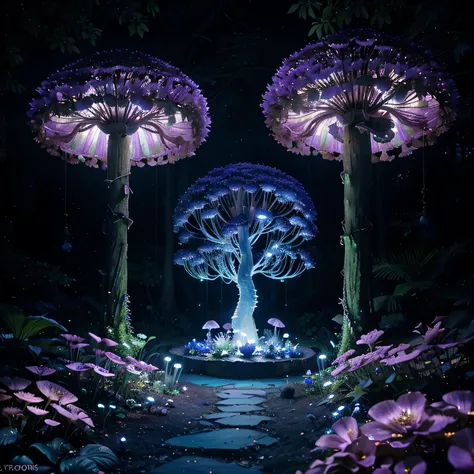 lush plantlife, real, detailed, 8k, high quality, an enchanting and dreamy scene of fantasy/alien forest, glowing mushrooms, creating a sense of mystique and enchantment, award winning photography, lots of blues and purples, bioluminescence, garden, water,...