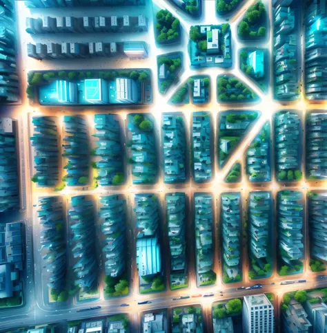 Hay un mapa de una ciudad con una fuente en el medio, Urban landscape with parks between building spaces, Calles con aceras bien delimitadas y vialidades iluminadas con luces de los autos,  puesta de sol cinematografica, azoteas con plantas y albercas, Cap...