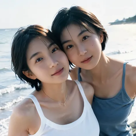 1 girl, Japan person, 45 years old, photorealistic, beautiful and detailed face, viewer, simple background, solo, sea, bikini, small breasts, tank top. sunny, summer vacati Identidendical twin sisters, Japan person, 18 years old,  on, beach, (short hair, w...