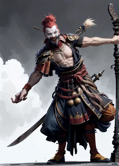 a male clown dancing in front of stakes and spears, rpg style, medieval. wearing red, blue, and white clothes. a big smile, show...