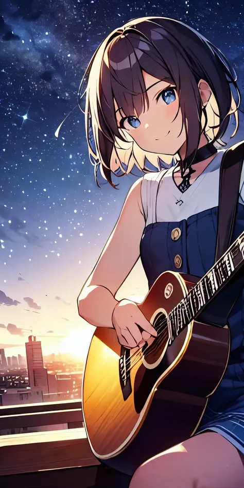 table top, highest quality,figure, wallpaper, ultra detail, absurd, 16 year old girl, alone, (medium short hair、play the guitar、Smile、Overlooking the city from the top of the hill、The starry sky just before the sun sets is beautiful