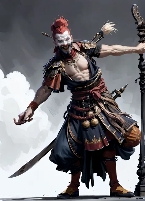 A clown dancing in front of stakes and spears, Estilo RPG, medieval. vestindo vermelho, azul, e roupas brancas. Um grande sorriso, mostrando dentes lindos. Background inside a blurred royal palace, castelo, velas. Foco no rosto detalhado, pintado de branco...
