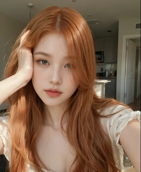 arafed woman with red hair and blue eyes posing for a picture, red hair and attractive features, she has long redorange hair, ginger hair with freckles, flowing ginger hair, she has long orange brown hair, red head, she is redhead, ginger hair, long glowin...