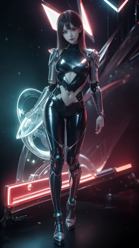 8K uhd, materpiece, a beautiful girl, detaild eye, good face, detaild eyebrow, cyberpunk outfit,green outfit, cyberpunk, Cyberspace, cyberpunk shining background, neon effect, Spreading lighting, red lighting, whole body capture,full body,yellow eyes,cybor...