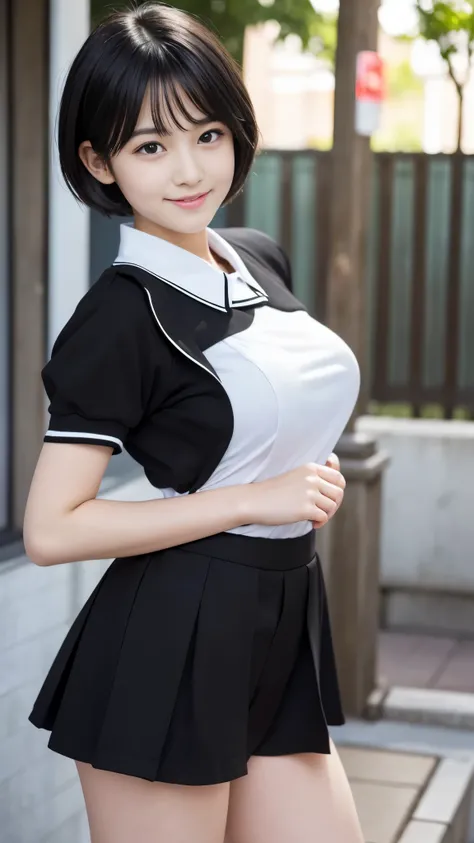 Best-quality, Masterpiece, Ultra-High-Resolution, (Photorealistic:1.4), Raw-Photo, 1girl, solo, 12-years-old, the most famous Japanese idol, (wearing Japanese-high-school-uniform), innocent smile, dynamic-pose, (extremely cute face like the most popular Ja...