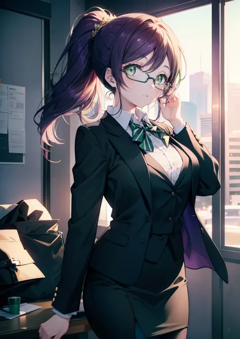 nozomitoujou, nozomi always, (green eyes:1.5), purple hair, ponytail,big breasts , ol, red glasses, fundo, black suit jacket, co...