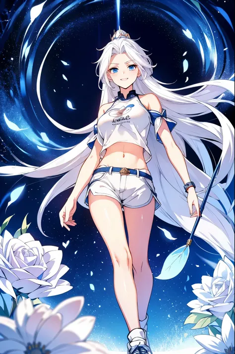 white hair,blue eyes, beautiful girl, smiling, looking at the camera, standing in front of a clump of roses, wearing shorts and t-shirt, white sneakers. Wearing a top and shorts, flowers, full-body photo, casual pose, slender legs