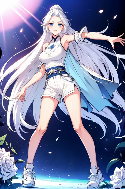 white hair,blue eyes, beautiful girl, smiling, looking at the camera, standing in front of a clump of roses, wearing shorts and t-shirt, white sneakers. Wearing a top and shorts, flowers, full-body photo, casual pose, slender legs