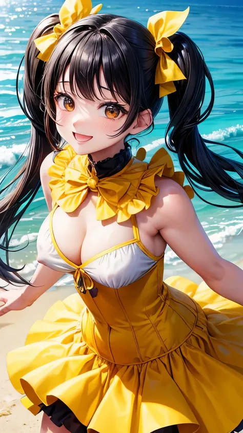 beach,black hair,twin tails,Yellow costume,Idol,nipple,smile,Super high quality,masterpiece,super high quality,ultra high resolution,Highest image quality,superlative,highest quality,highest resolution,high quality,beautiful,beautiful,High quality,realな質感,...