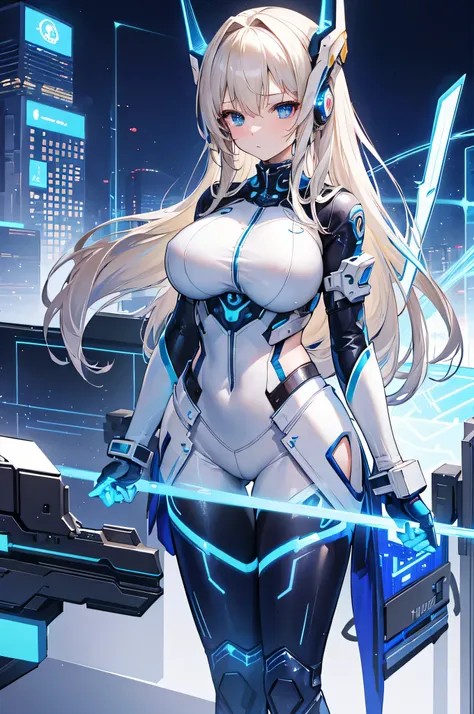 4K,High resolution,one woman,cream hair,long hair,blue eyes,big breasts,Valkyrie,blue tight cyber suit,hat with feathers,cyber headgear,cyber japanese sword,city of the future