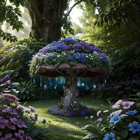 lush plantlife, real, detailed, 8k, high quality, an enchanting and dreamy scene of fantasy/alien forest, mushrooms, creating a sense of mystique and enchantment, lots of blues and purples, garden, water, flowers, depth of field photorealist, crystals