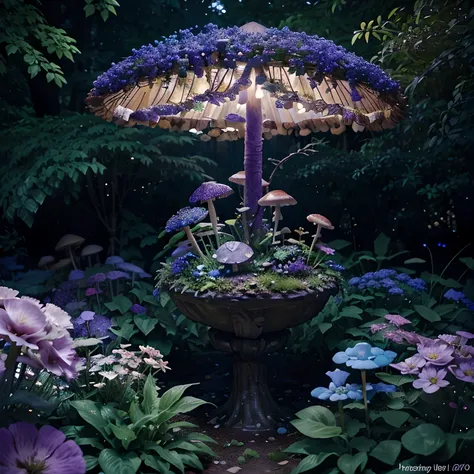 lush plantlife, real, detailed, 8k, high quality, an enchanting and dreamy scene of fantasy/alien forest, mushrooms, creating a sense of mystique and enchantment, lots of blues and purples, garden, water, flowers, depth of field photorealist, crystals