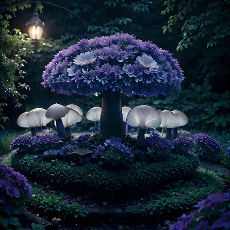 lush plantlife, real, detailed, 8k, high quality, an enchanting and dreamy scene of fantasy/alien forest, mushrooms, creating a sense of mystique and enchantment, lots of blues and purples, garden, water, flowers, depth of field photorealist, crystals