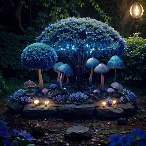 lush plantlife, real, detailed, 8k, high quality, an enchanting and dreamy scene of fantasy/alien forest, mushrooms, creating a sense of mystique and enchantment, lots of blues and purples, garden, water, flowers, depth of field photorealist, crystals