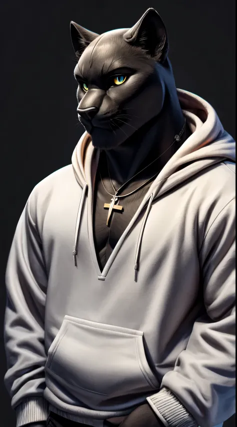 gigachad black panther in a hoodie, with a cross necklace