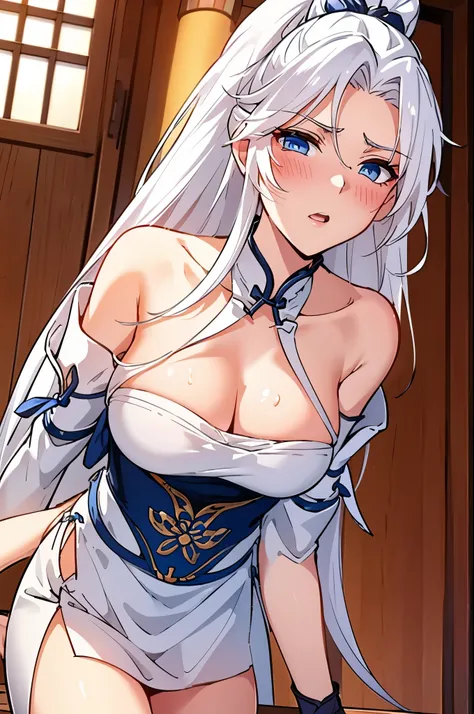 white hair,blue eyes,(blush,orgasm face,arched back,shoock,shiver,pleasure),inside chinese house
