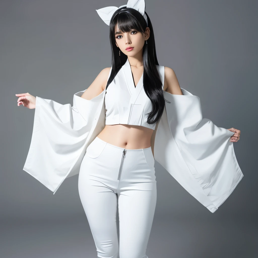 25 year old full body shot、black straight hair、white headband、bangs are slightly droopy、wear a sleeveless white jacket、The jacket has a kimono-like design.、Outerwear of white color、Wear tight black leather pants、dynamic pose、