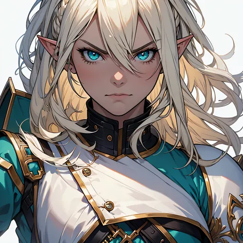 anime, masterpiece, best quality, by professional artist, female, only one person, solo, portrait, detailed composition, detailed eyes, white background, detailed hair, elf, blonde and white hair, teal eyes, militant, medieval armor, angry face, white fur