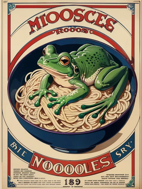 (best quality,highres,masterpiece:1.2),ultra-detailed,1890s noodles advertisement poster, Art Nouveau Style,large frog and a bowl of noodles, simple color palette, poster takes up the full frame, simple design, grog eating noodles