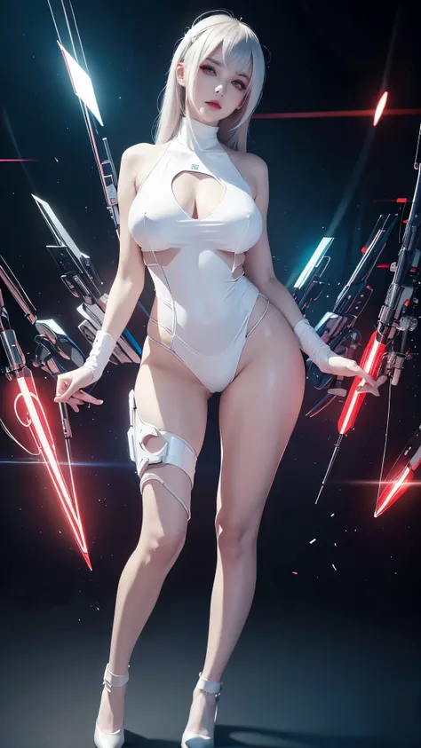 8K uhd, materpiece, a beautiful girl, detaild eye, good face, detaild eyebrow, cyberpunk outfit, white outfit, cyberpunk, Cyberspace, cyberpunk shining background, neon effect, Spreading lighting, red lighting, whole body capture,full body,big tits ,big ti...