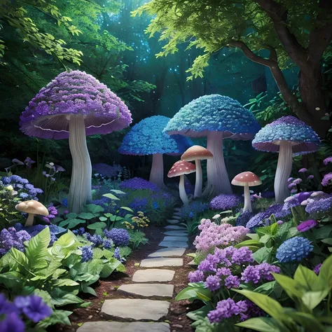 lush plantlife, real, detailed, 8k, high quality, an enchanting and dreamy scene of fantasy/alien forest, mushrooms, creating a sense of mystique and enchantment, lots of blues and purples, garden, water, flowers, depth of field photorealist, crystals