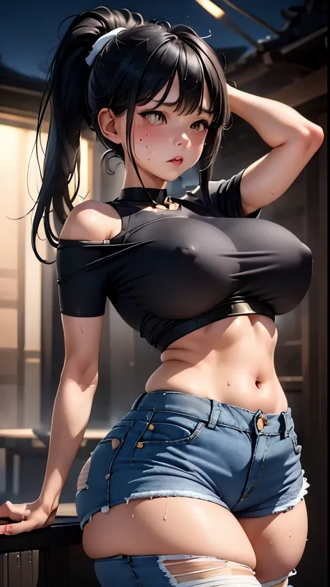 Woman, beautiful, hips, (((big tits))), (( legs)), ((((perfect body)))), (((mini short jeans))), realistic, night, ((ponytail with bangs)), Asian, ((black long hair)), detailed, ((sweating)), micro bra pink