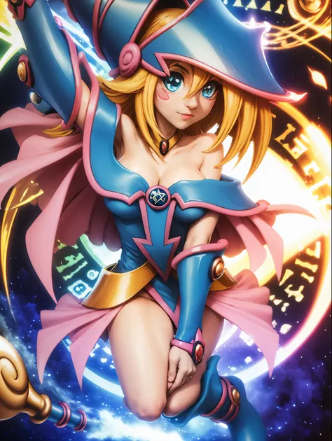 dark magician gils. leaving a magic circle. magia de corazones en el aire. pose sensual y inocente. sonrisa de mona lisa