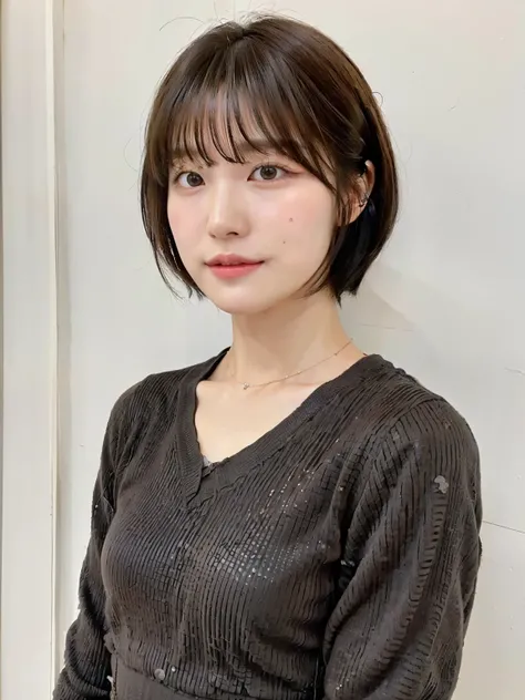 (highest quality, 8K, 32K, masterpiece, UHD:1.2),Photos of cute Japanese women,very short hair,Upper body,face focus,spring clothes、long sleeve dress, necklace, Taken in front of the white door, From above, looking at the viewer,Dark brown hair color